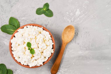 Kil kasede ev yapımı doğal süzme peynir, tahta kaşığın yanında, gri nötr arka plan, fotokopi alanı olan bir düzen. Yumuşak, doğal, sağlıklı yiyecekler, sağlıklı diyet yiyecekler.