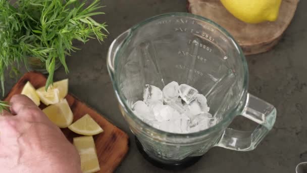 Cottura Limonata Agli Agrumi Con Ghiaccio Dragoncello Mixer Acqua Frutta — Video Stock