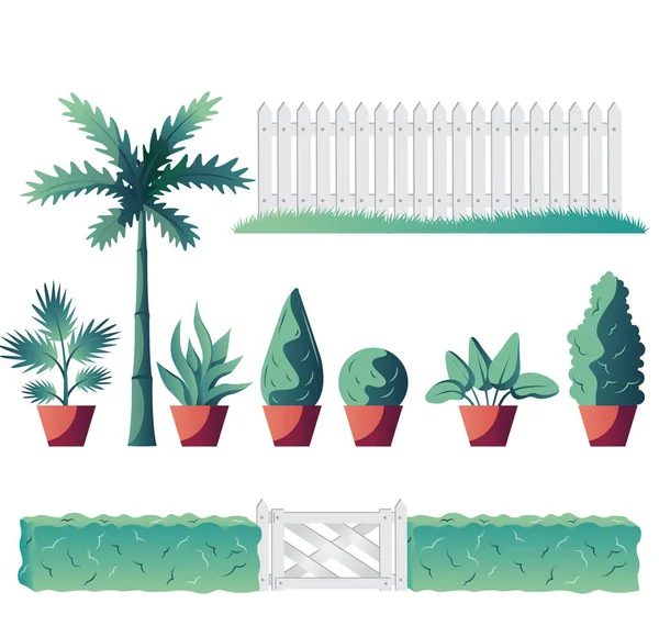 Garden Pot Plants Fence Royalty Free Vector — Stock vektor