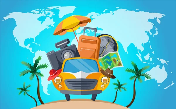Viajes Vacaciones Del Mundo Concepto Coche Viajes — Vector de stock