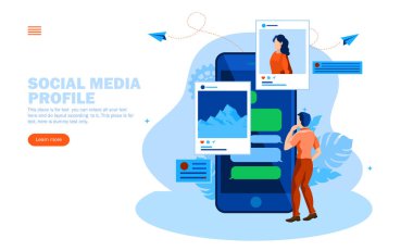 Sosyal medya profili vektör illüstrasyonuna bakan adam