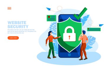 people discussing online web security with shield and lock vector illustration