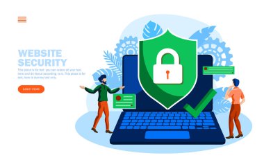 people discussing web security with shield and lock vector illustration