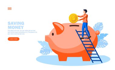 man saving money in piggy bank vector illustration concept