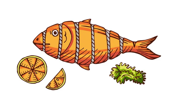 Tangan Digambar Ikan Dimasak Dengan Lemon Warna Vektor Ilustrasi Makanan - Stok Vektor