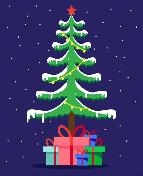 Karlı Noel Ağacı Vektör Illüstrasyonlu Hediyeler — Stok Vektör