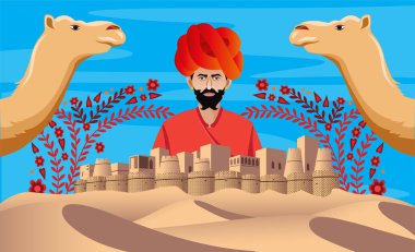 Kültür adamı ve deve kolajı illüstrasyonlu rajasthan kalesi