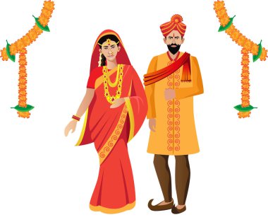 Maharashtrian, Hindu çift düğün, gelin ve damat vektör ilüstrasyonu için ayakta