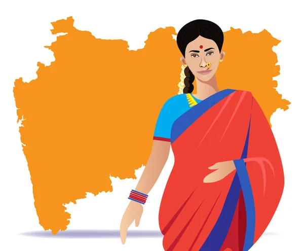 Indian Maharashtian Woman Maharashtra Map — Vector de stock