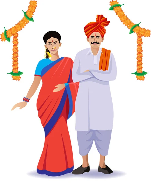 Indky Maharastrijský Pár Muž Žena Stojící Tradičním Oblečení — Stockový vektor