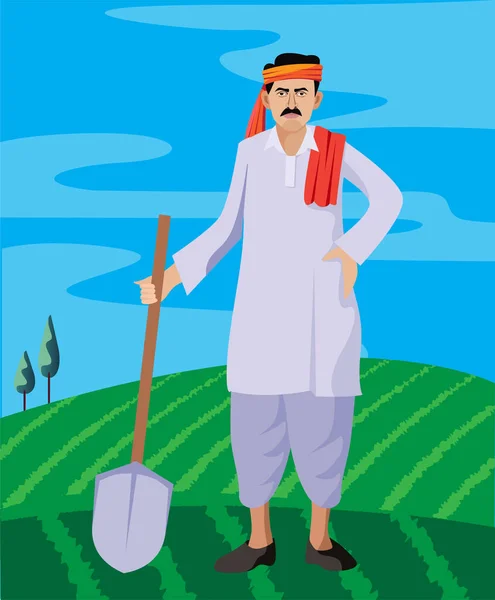 シャベル付きの農場に立つインドの農家 — ストックベクタ