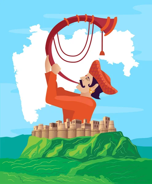 Maharashtra Tutari Άνθρωπος Φρούριο Και Χάρτη Διανυσματική Απεικόνιση — Διανυσματικό Αρχείο