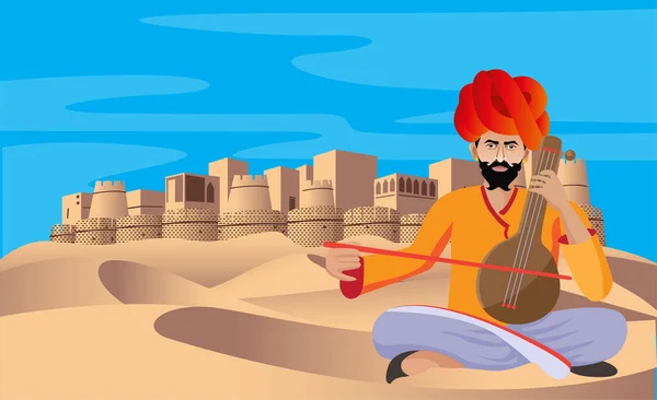 Cultural Rajasthani Folk Musician Playing Music Instrument Desert Fort Background — Vector de stock