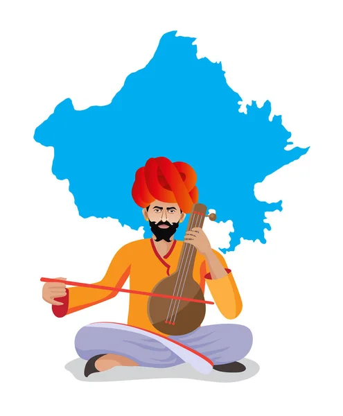 Kültürel Rajasthani Folk Müzisyeni Çölde Müzik Aleti Çalıyor Rajasthan Haritası — Stok Vektör