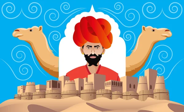 Fortezza Rajasthan Con Uomo Culturale Disegno Collage Cammello Con Elemento — Vettoriale Stock