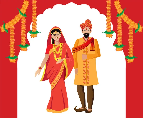 Maharashtrian Hindu Couple Standing Wedding Bride Bridegroom Decoration Vector Illustration — Stock Vector