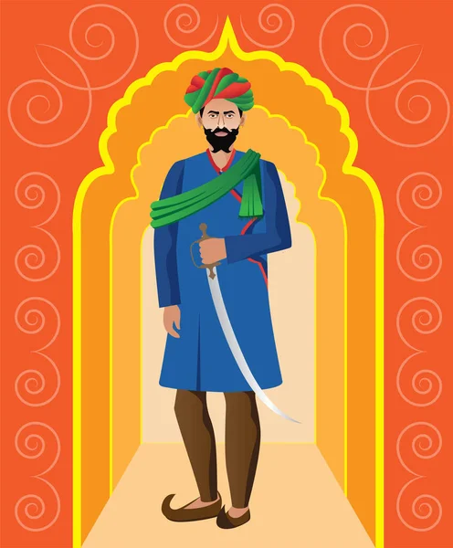 Rajasthani Royal Man Standing Palace Vector Illustration — Stockový vektor