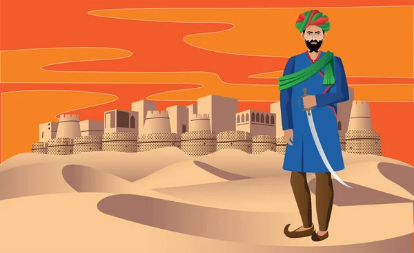 Rajasthani Royal Man Standing Front Fort Vector Illustration — ストックベクタ