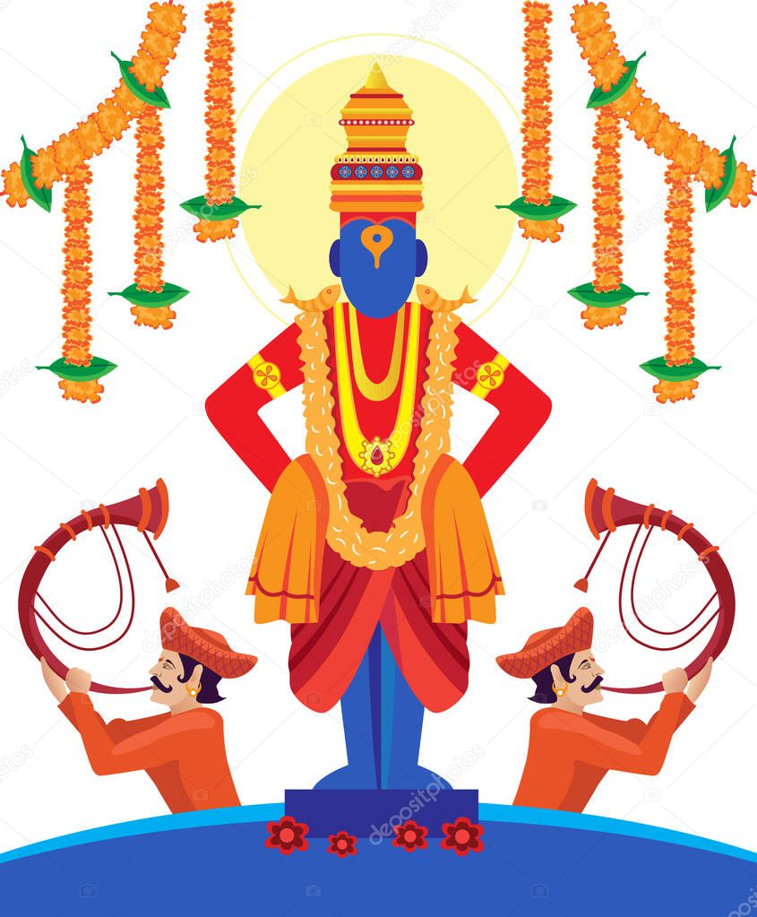 Indian god vitthal with flowers and tutari man vector illustration