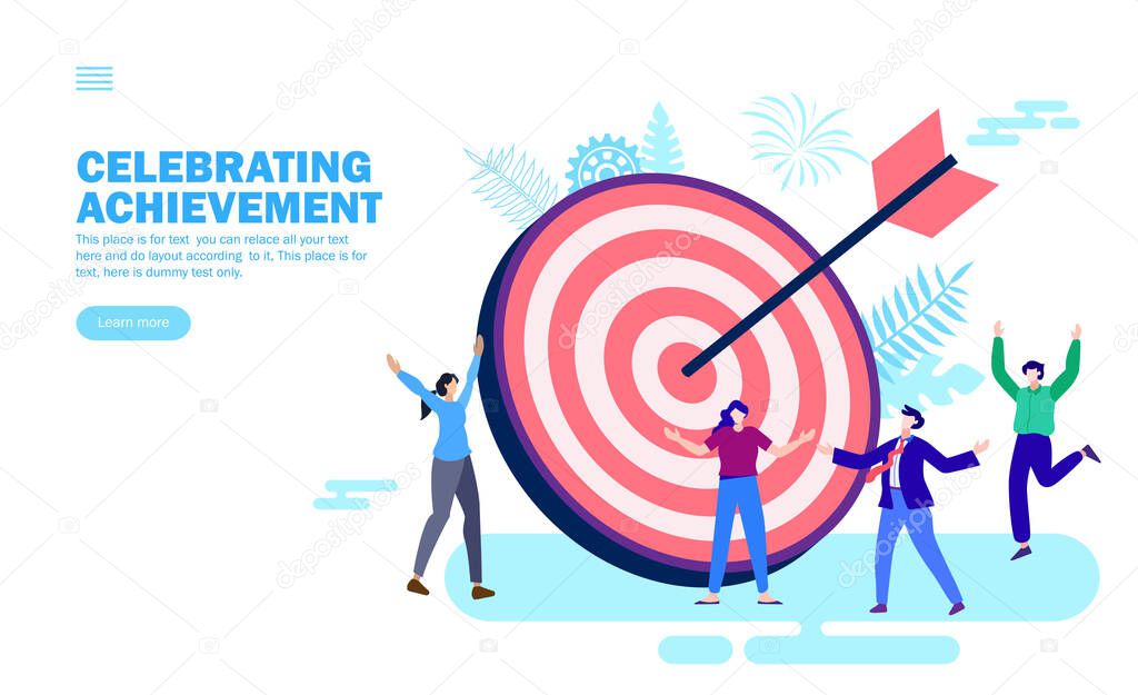 team celebrating achievement of target, goal, vector illustration
