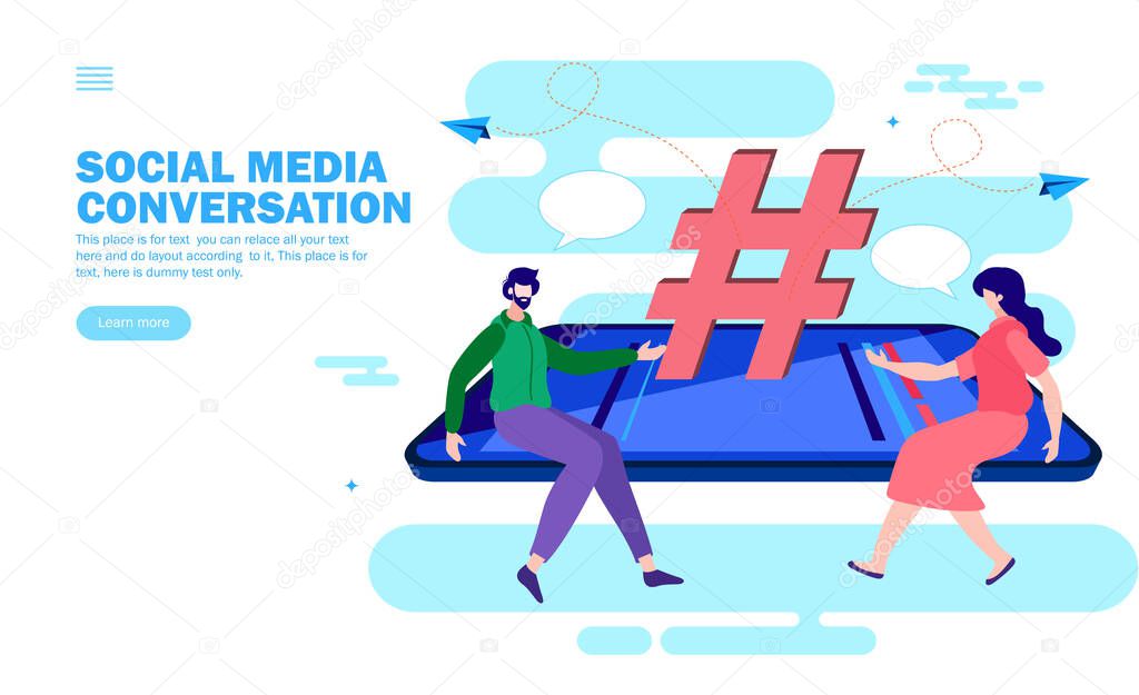 social media conversation with hashtag, social campaign flat vector illustration