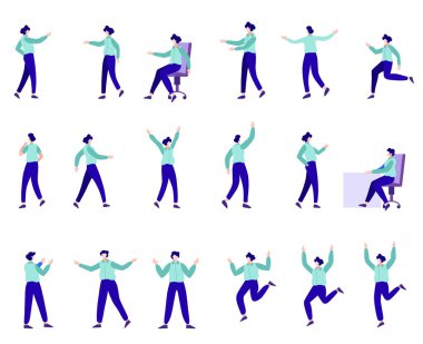 Farklı pozlardaki bir grup genç erkek iş adamı. Düz vektör illüstrasyonu