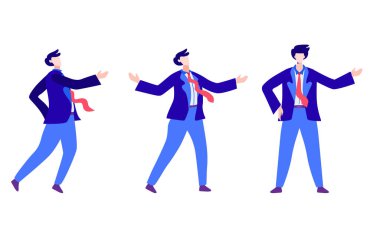 Farklı pozlardaki bir grup genç erkek iş adamı. Düz vektör illüstrasyonu