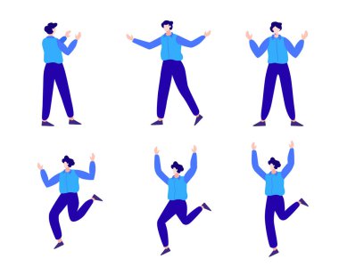 Farklı pozlarda genç erkek karakter seti. Düz vektör illüstrasyonu