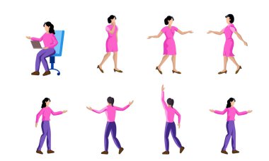 Farklı pozlarda genç kadın karakterler. Düz vektör illüstrasyonu