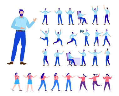 Farklı pozlarda genç erkek ve kadın karakterler. Düz vektör illüstrasyonu