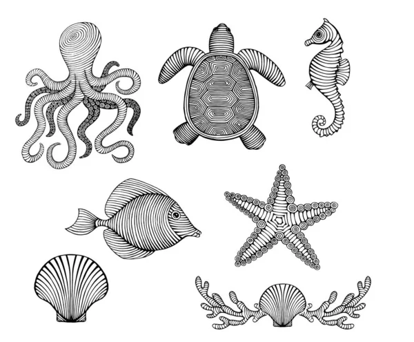Vintage Dibujado Mano Arte Mar Criaturas Ilustración Vectorial Grabado — Vector de stock