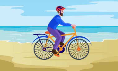 Genç adam mutlu bir şekilde bisiklet sürüyor, deniz kıyısı vektör illüstrasyonunda bisikletçi