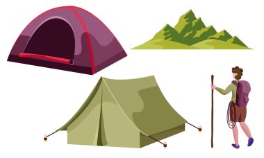 Yürüyüşçü ya da yürüyüşçü ile kamp çadırı, dağ izole vektör çizimi