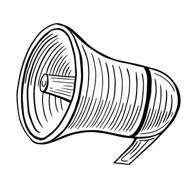 Megafon, hoparlör sesi, elle çizilmiş kabartmalı çizim, vektör çizimi.