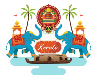 Hint kerala tasarımı, kathakali yüzlü yüzen yüzen yüzen yüzen yüzen yüzen ev ve süslü fil vektör çizimi.