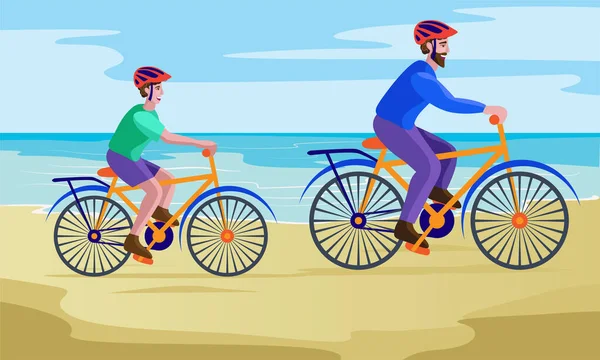 Far Och Son Cykling Stranden Vektor Illustration — Stock vektor