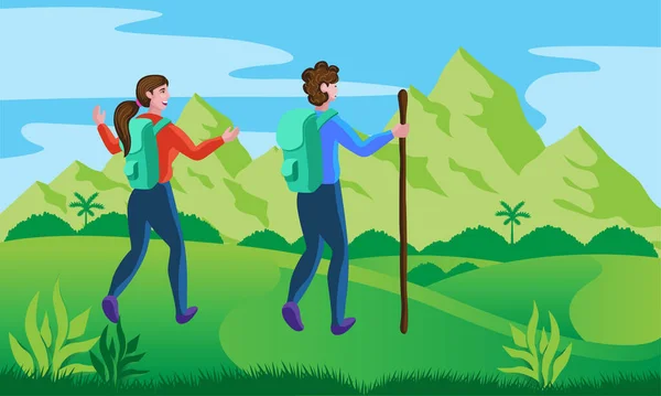 Sac Dos Homme Femme Illustration Vectorielle Trekking Couple — Image vectorielle