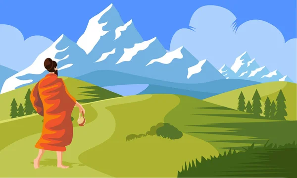 Sadhu Chodzenie Góry Himalaya Wektor Ilustracji — Wektor stockowy