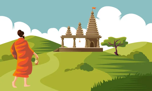 Sadhu Caminando Templo Trasero Vector Ilustración — Archivo Imágenes Vectoriales