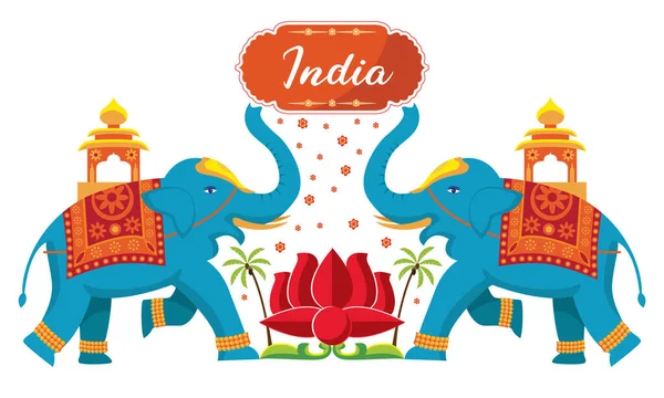 India Desain Gajah Dan Teratai Vektor - Stok Vektor