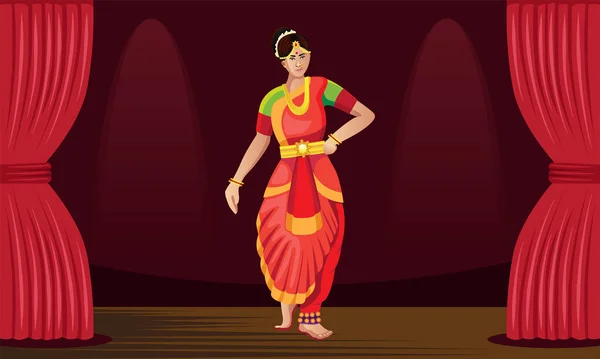 Bailarina Bharatnatyam Mujer Que Realiza Ilustración Vectores Escenario — Archivo Imágenes Vectoriales