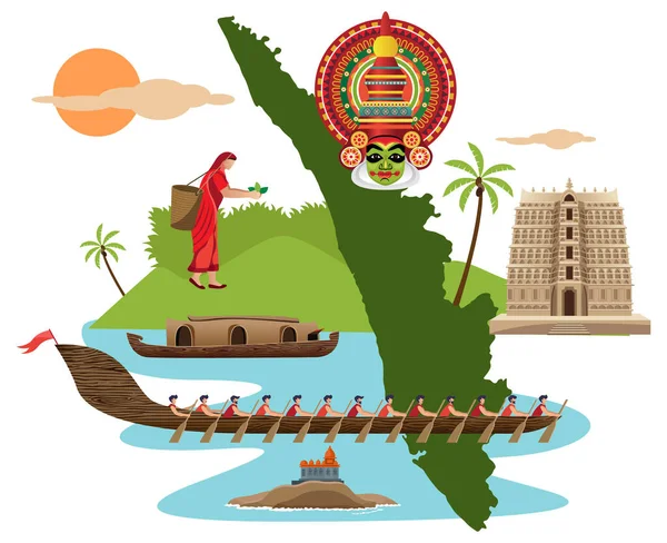 Collage Actividad Tradicional Kerala Con Ilustración Vectores Mapas — Vector de stock
