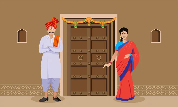 Indian Hindu Man Woman Door Vector Illustration — Stock Vector