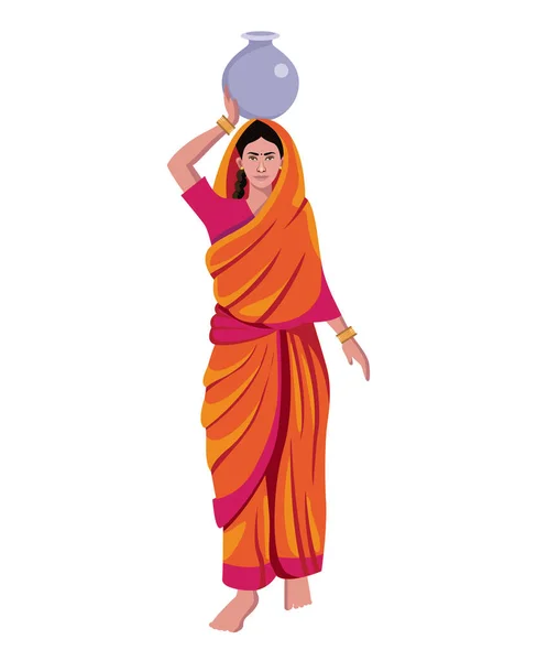 Indische Frau Trägt Wasser Auf Dem Kopf Vektor Illustration — Stockvektor