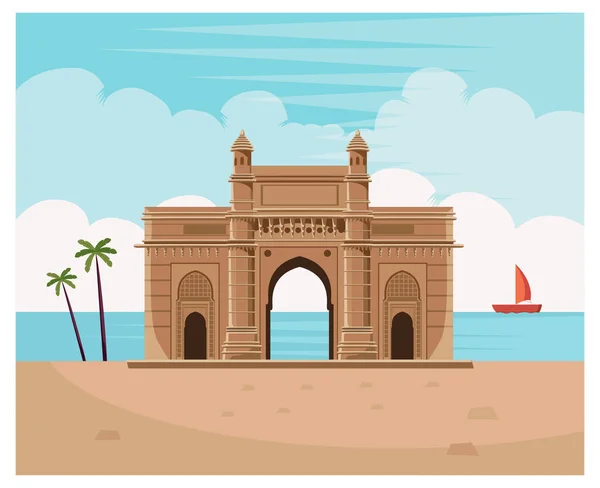 Historische Toegangspoort Van India Met Zee Vector Illustratie — Stockvector