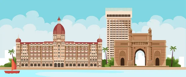 Brama Indii Taj Mahal Hotel Mumbai Widok Wektora Morza Ilustracji — Wektor stockowy