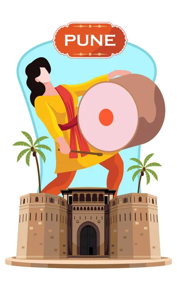 Pune Festival Med Flicka Spelar Dhol Och Shaniwar Wada Fort — Stock vektor