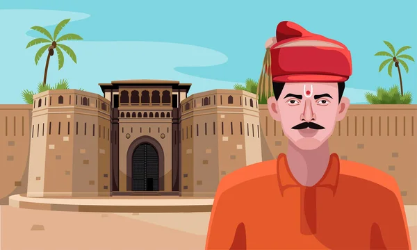 Shaniwar Wada Pune Con Puneri Pagadi Hombre Vector Ilustración — Archivo Imágenes Vectoriales