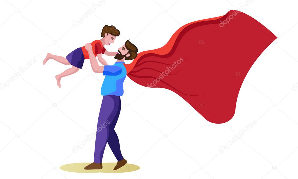 superhero father with cape lifting son vector illustration