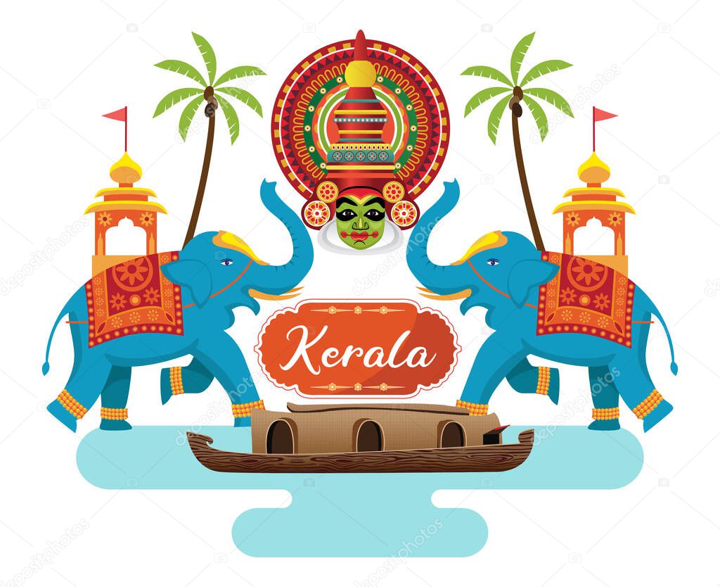 indian kerala design, houseboat with kathakali face and decorated elephant vector illustration